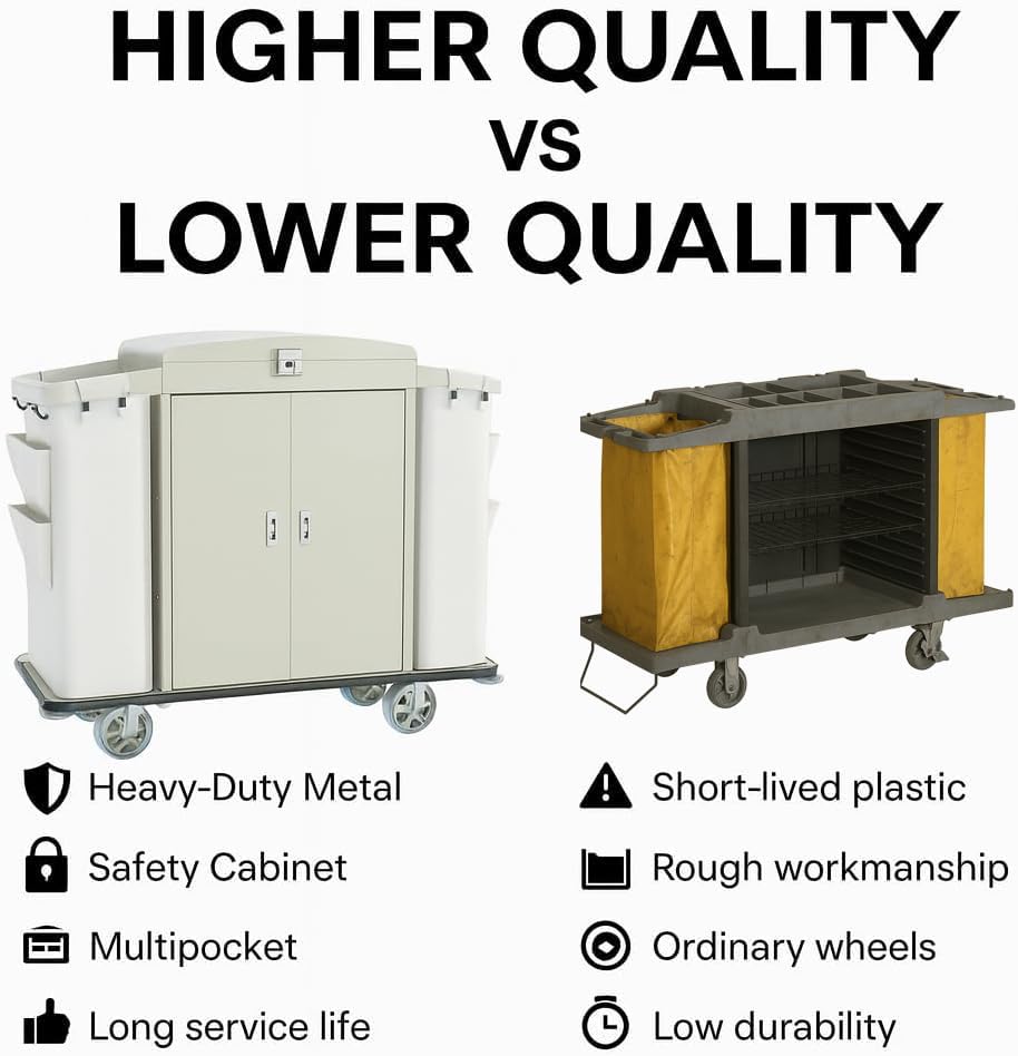 Heavy Duty Metal Housekeeping Janitorial Cart with Wheels,Silent Casters,Locking Large Capacity Cabinets,Cleaning cart for Housekeeping/Commercial Facility/Hotel/Stadium/School
