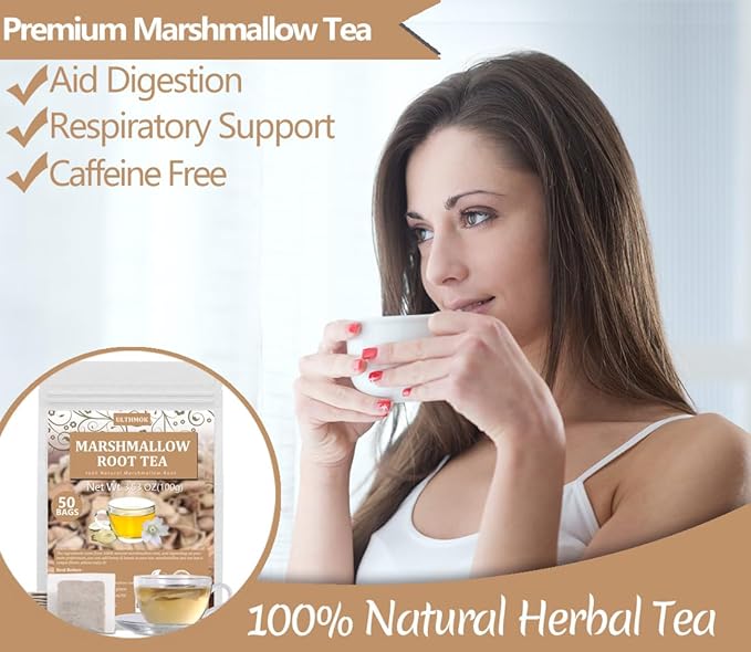 50 Premium Marshmallow Root Tea Bag,100% Natural Pure Althaea Officinalis,No Additives & Caffeine Free, Caffeine-free - Respiratory Support & Promote Digestion.
