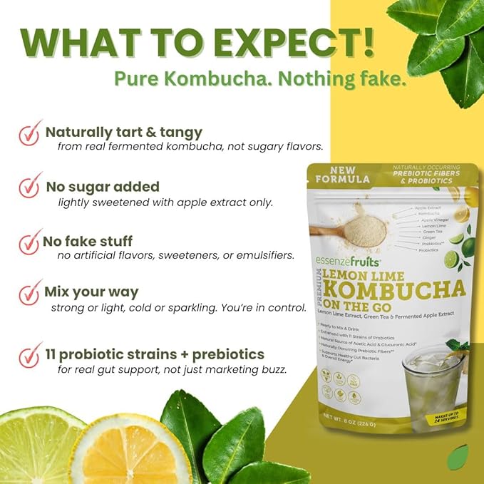 Essenzefruits Lemon Lime Ginger Kombucha Powder Tea Mix Beverage - Sugar Free, Fermented & Dried - Just Add Water! Live Probiotics & Prebiotic Blend, Vitamin C - Makes up to 30 Cups (8 Oz, 226g)