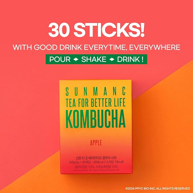 SUNMANC Kombucha 30 packets, Sparkling Probiotic Fermented Drink, Convenient Powdered Drink Mix, Tea Powder, Low Calories, Sugar 0g, Low Caffeine (Apple)