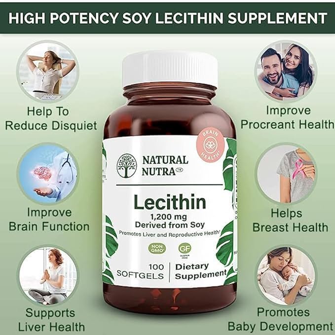 Natural Nutra Soy Lecithin 1200 mg Dietary Supplement - Brain Function, Liver Health, Hepls Breast Health, Memory Boosting Supplement - Gluten-Free, BPA-Free, 100 Softgels in Recyclable Glass Bottles