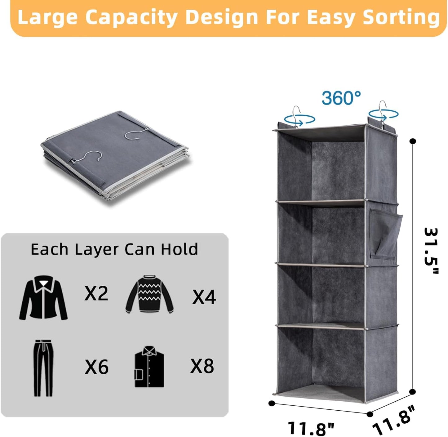 4-Shelf Hanging Closet Organizer and Storage, Collapsible Hanging Shelves for Closet with 2 Side Pockets, Hanging Shoe Organizer to Saving Space,Grey
