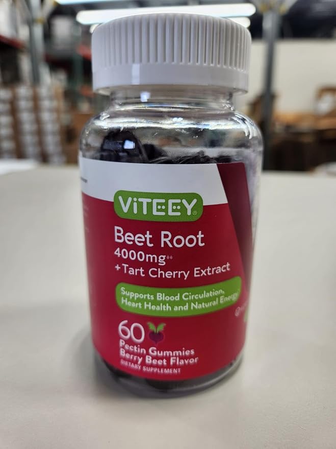 Viteey Beet Root Gummies with Tart Cherry - Beetroot Supplement for Heart Health, Blood Pressure Support - Vegan, Gluten-Free - 120 Count