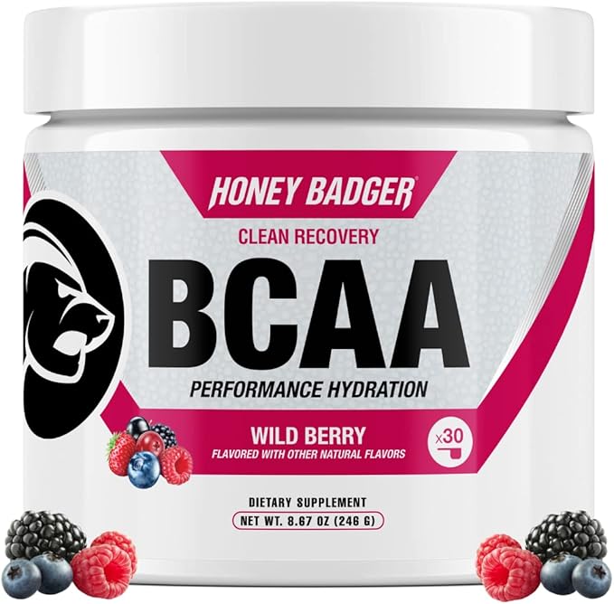 Honey Badger BCAA + EAA Powder | Micronized Creatine Monohydrate | Muscle Growth & Recovery | Natural Recovery for Men & Women | Sugar Free & Paleo | 30 Servings