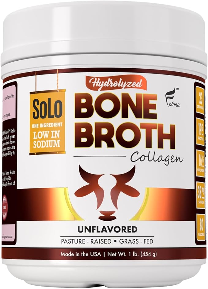 Solo Bone Broth Protein Collagen Powder Low Sodium, 16g Hydrolyzed Collagen Type I & III, for Healthy Skin, Nails, Hair, Joints & Digestion, Grass Fed, 1 lb (Canister - Net Wt. 1 lb. Powder)