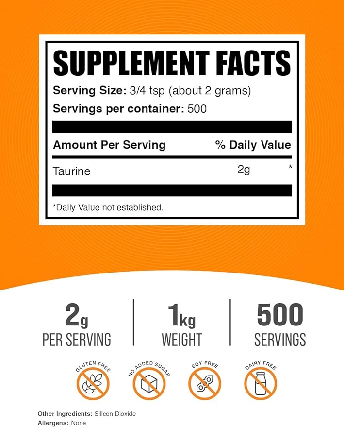 BulkSupplements.com Taurine Powder - Taurine Supplement, Amino Acid Supplement for Energy - Unflavored & Gluten Free, 2g per Serving, 1kg (2.2 lbs) (Pack of 1)