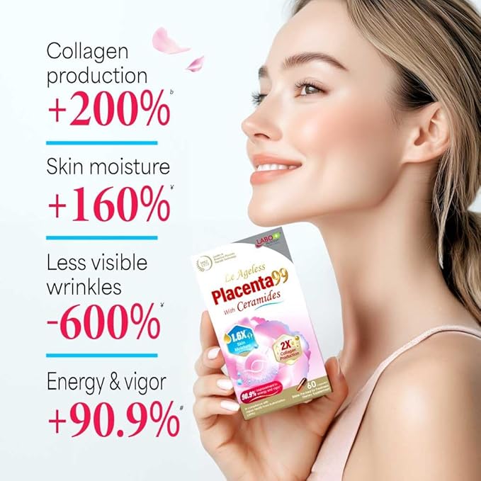 LABO Nutrition Le Ageless Placenta 99 with Ceramides -Placenta Supplement with Collagen Peptides, Oryza Ceramides-Skin Regeneration, Hydration, Anti-Aging Wrinkle Support, Immune Health, 60 Capsulesx3
