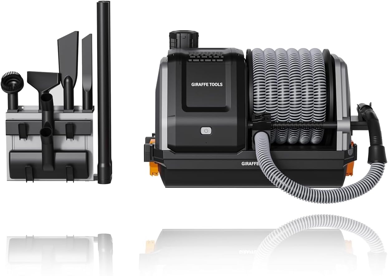 Giraffe Tools Grandstorm Retractable Vacuum Cleaner Wall-Mounted, Shop Wet Dry Vacuum Cleaner with 6 Nozzles for Car Detailing Remote Control Garage Vacuum, Grey