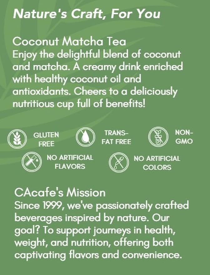 CAcafe Coconut Matcha - Instant Japanese Health Drink - Creamy & Sweet - Hot or Iced Green Tea Latte Mix - New Look, Reduced Sugar - Non-GMO - No Artificial Flavors or Colors | 6-Pack