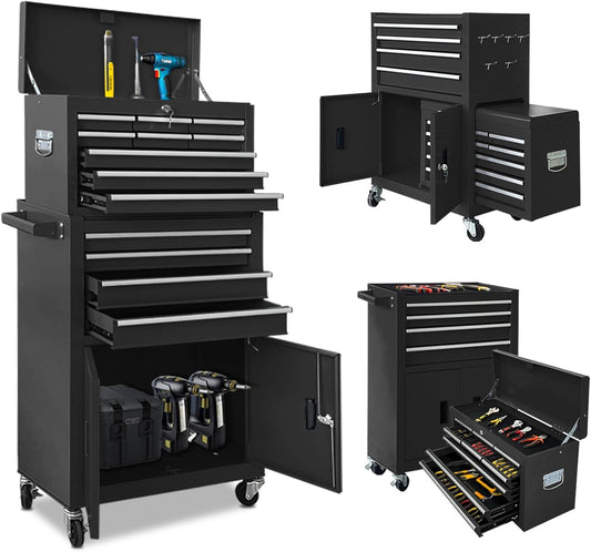 Tool Chest 13-Drawer with Double Door Handle,2 in 1 Detachable Rolling Tool Chests with Wheels and Drawers,Large Tool Box with Lock for Warehouse,Garage (Black)