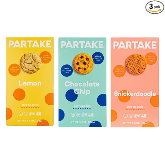 Partake Gluten Free Soft Baked Cookies Variety Pack (Chocolate Chip, Snickerdoodle, Lemon) - Vegan - Free From the Top 9 Allergens Including Dairy, Wheat, Soy, Eggs, & Peanuts - Non GMO - Safe School & Office Snack (3 Pack, 5.5oz Boxes)