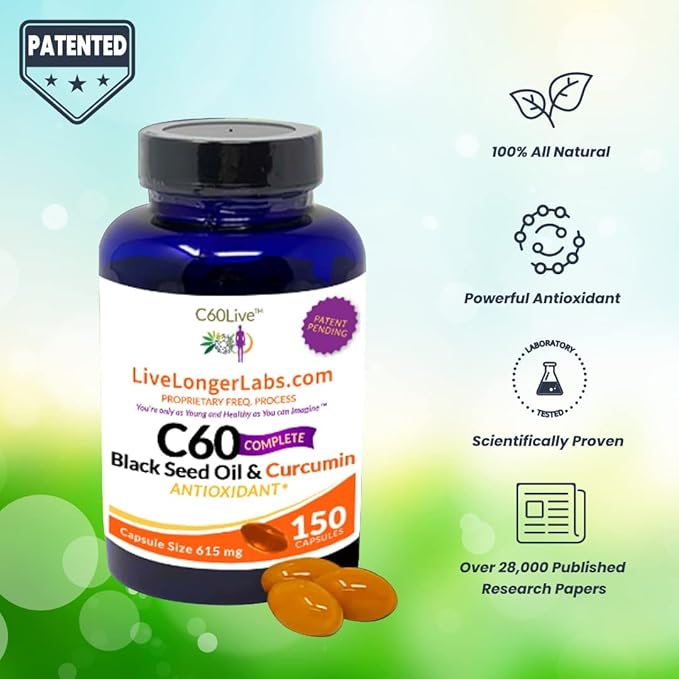 C60 Complete - Carbon 60 (Fullerene) with Black Seed Oil & Curcumin - Antioxidant Supplement - for Longevity & Cognitive Function - All Natural - 150 Gel Capsules