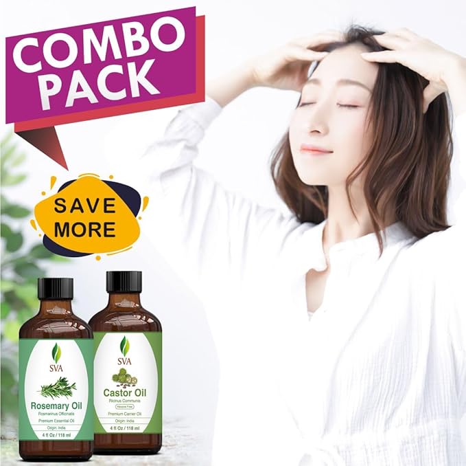 SVA Rosemary Essential Oil 4oz and Castor Oil 4oz Bundle Super Saver Combo – Premium Grade Value Set for Hair Oiling, Scalp Massage, Hair Care, Skin Care and Body Massage