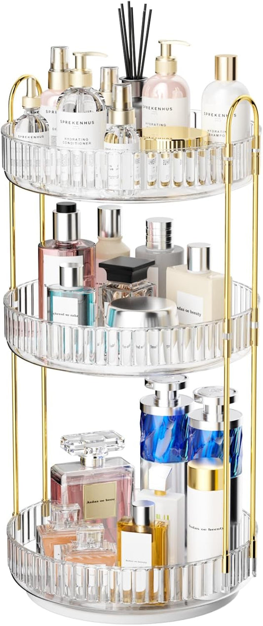 GTI 360°Rotating Makeup Organizer, 3 Tier Large Capacity Perfume Cosmetics Skincare Vanity Organizers,Bathroom Counter Organizer, Dresser Spinning Countertop Organizer and Storage for Women (Clear)