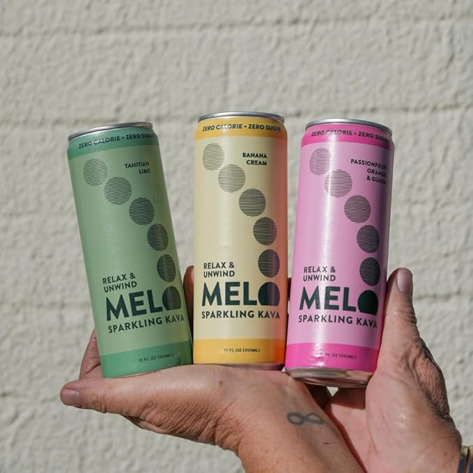 Melo Sparkling Kava Drink, Passionfruit, Orange & Guava Bundled with Banana Cream and Tahitian Lime, Sugar Free Non Alcoholic Drinks with Zero Calories, 750mg Kava Root per Drink, 12 Pack, 12 oz Can