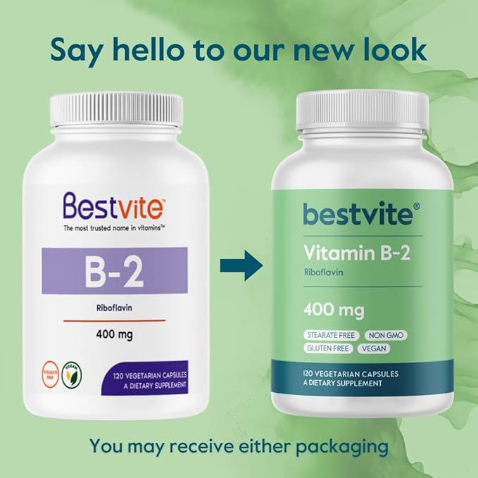 BESTVITE Vitamin B-2 (Riboflavin) 400mg (240 Vegetarian Capsules) (120 x 2) - No Stearates - Vegan - Non GMO - Gluten Free