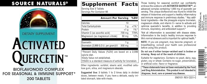 Source Naturals Activated Quercetin - Plant-Derived Bioflavonoid Complex - Seasonal & Immune Defense* - 200 Vegetarin Friendly Tablets