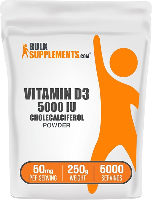 BulkSupplements.com Vitamin D3 Powder - Cholecalciferol, Vitamin D Supplements, 5000 IU - Gluten Free, 50mg (125mcg of Vitamin D3) per Serving, 250g (8.8 oz) (Pack of 1)