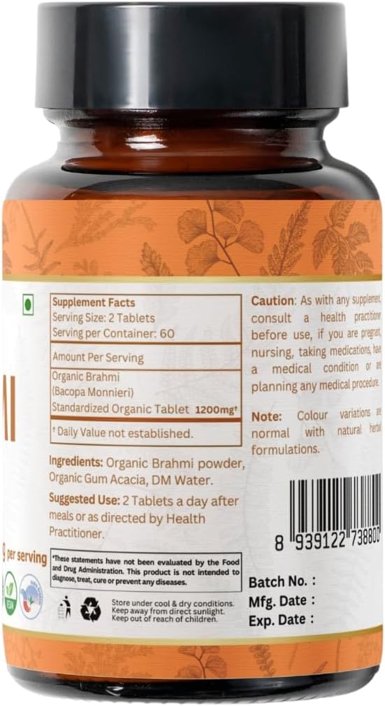 Brahmi 120 Tablets – USDA Organic Bacopa Monnieri Supplement – Supports Focus, Calm & Memory – Herbal Nootropic* - Pack of 3