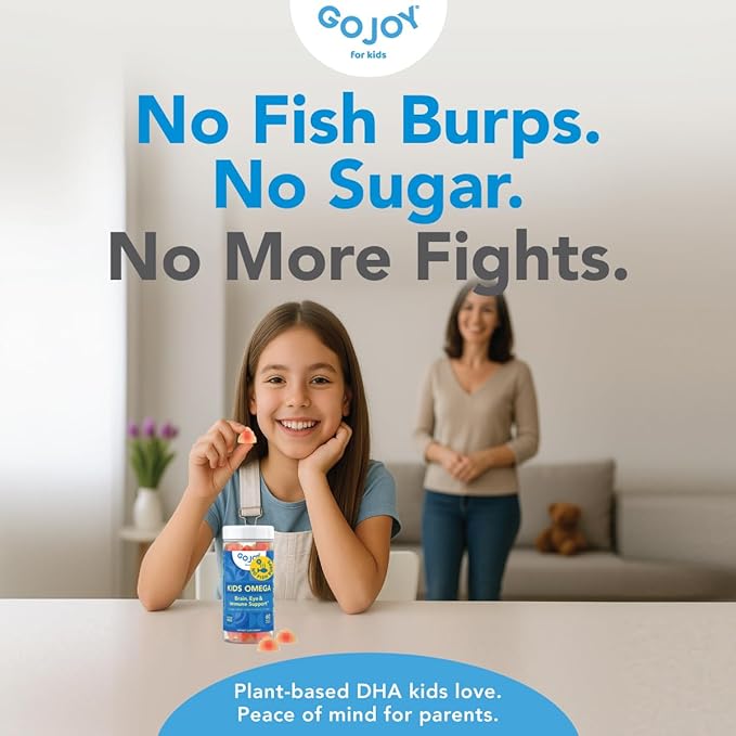 GOJOY Kids Omega 3 DHA Gummies – No Fish Burps, No Sugar – Brain, Eye & Immune Support – Plant-Based Omega-3 from Algae – Vegan, Clean DHA for Toddlers, Children & Kids Ages 3+
