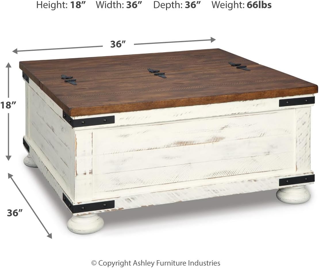 Signature Design by Ashley Wystfield Farmhouse Coffee Table with Storage, Hinged Lift Top, Wood, 36" W x 36" D x 18" H, Distressed White