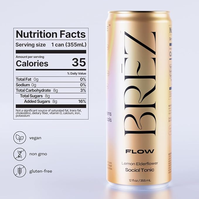 BREZ FLOW Lion’s Mane Mushroom Drink,12-Pack, Non-Infused, Adaptogens, Relieving, Uplifting, and Social, Sparkling Lemon Elderflower Tonic 12 Fl oz