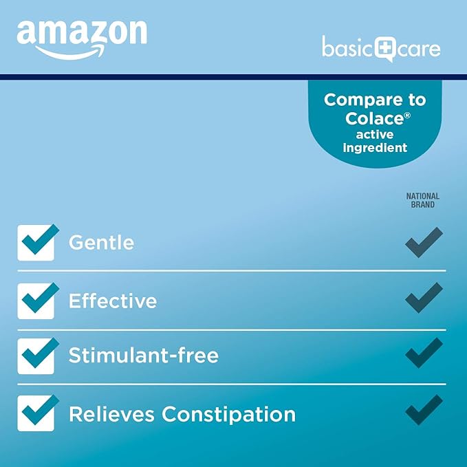 Amazon Basic Care Stool Softener Laxative, Docusate Sodium 100 mg, Softgels, For Constipation Relief, 100 Count