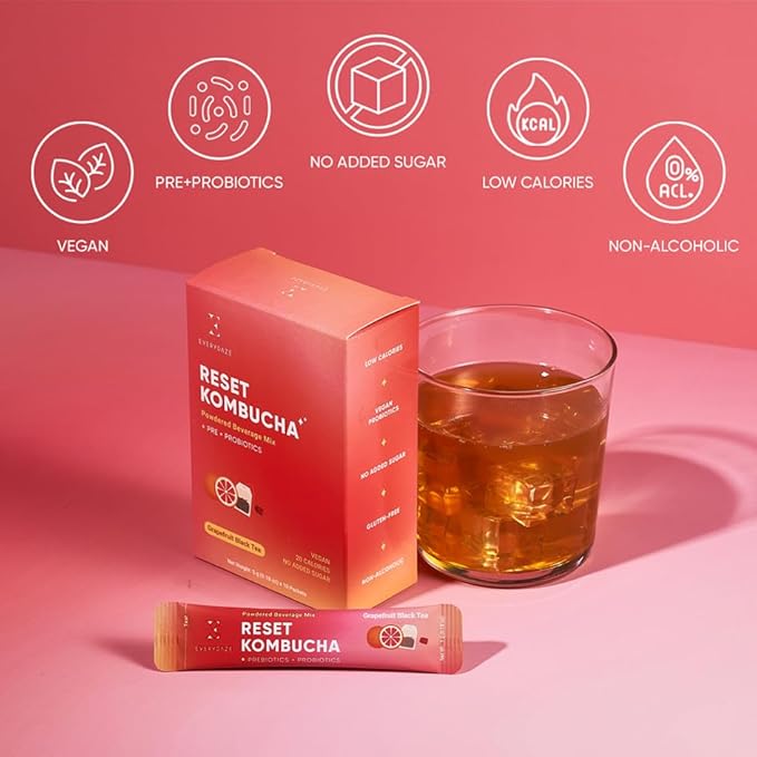 EVERYDAZE Reset Kombucha Tea Powdered Beverage Mix | 30 Pack (3 x 10ct) | Prebiotics + Probiotics | Vegan | No Added Sugar, Low Calorie, Gluten-Free, Sparkling Powder Drink (Grapefruit Black Tea)