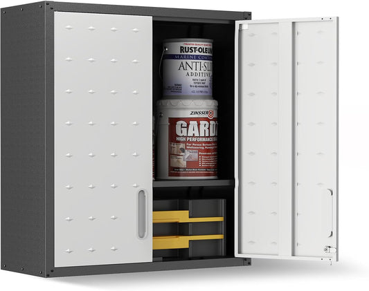 Wall Cabinet, Wall Mounted Cabinet with Lock and Adjustable Shelf for Garage, Tool Room, Kitchen, Assembly Required(Black and Gray)