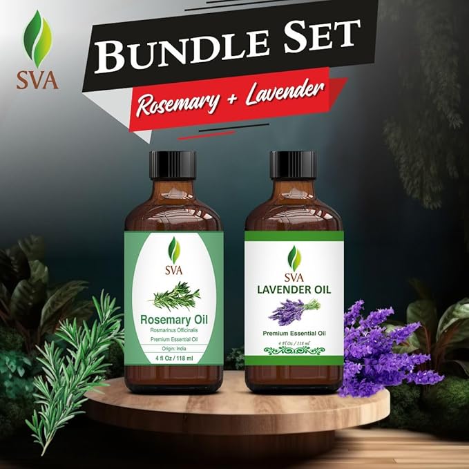 SVA Rosemary Essential Oil 4oz and Lavender Essential Oil 4oz Bundle Super Saver Combo – Premium Grade Value Set for Hair Oiling, Scalp Massage, Hair Care, Skin Care, Body Massage and Aromatherapy