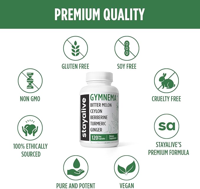 STAY ALIVE Gymnema Sylvestre 25:1 Extract, 120 Capsules with Bitter Melon, Ceylon Cinnamon, Berberine, Turmeric, Ginger, Amla Powder and Fenugreek, Non-GMO & Gluten Free Gymnema Sylvestre Supplement