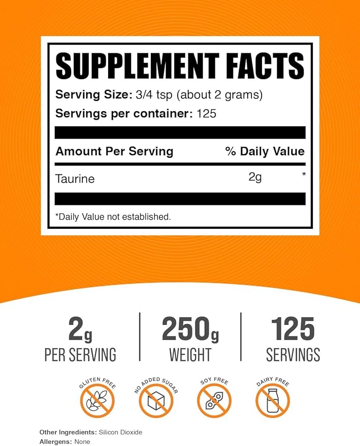 BulkSupplements.com Taurine Powder - Taurine Supplement, Amino Acid Supplement for Energy - Unflavored & Gluten Free, 2g per Serving, 250g (8.8 oz) (Pack of 1)