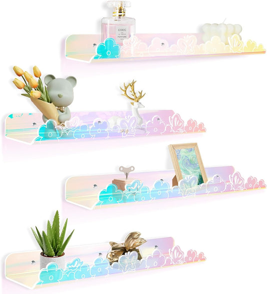 Floating Shelves for Wall,4 Pack 15.7’’x 3.5’’Adhesive Acrylic Shelves Organizer for Book Toy Photo Makeup,Wall-Mounted Kids Storage for Bathroom,Bedroom,Nursery,Iridescent Butterfly