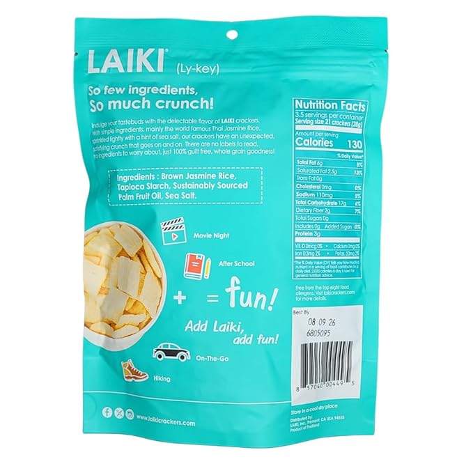 Gluten Free Rice Crackers - Seed-Oil Free - Snacks - Low Sodium Crackers Crunch - Allergen-Friendly , Vegan, Non-GMO Verified, FODMAP Friendly, Brown Jasmine Rice Simply Sea Salt flavor - 3.53 Oz Bag (Pack of 8)