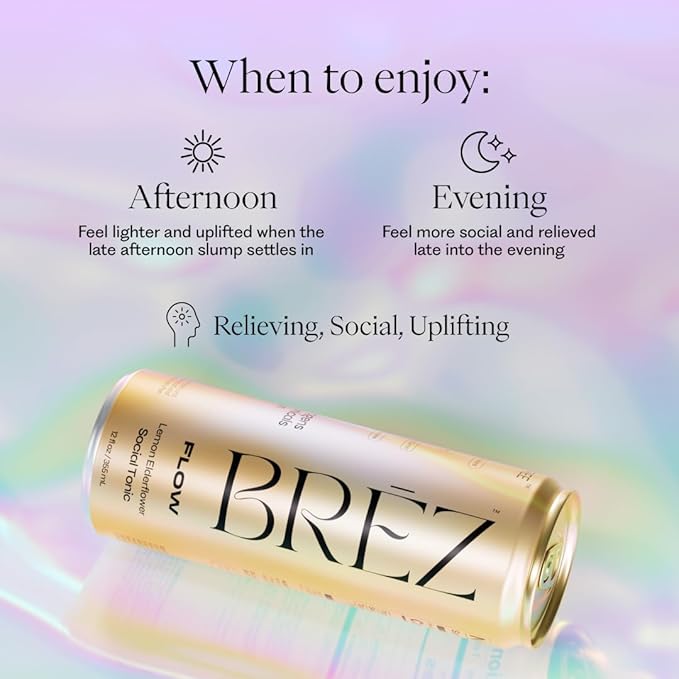 BREZ FLOW Lion’s Mane Mushroom Drink,12-Pack, Non-Infused, Adaptogens, Relieving, Uplifting, and Social, Sparkling Lemon Elderflower Tonic 12 Fl oz