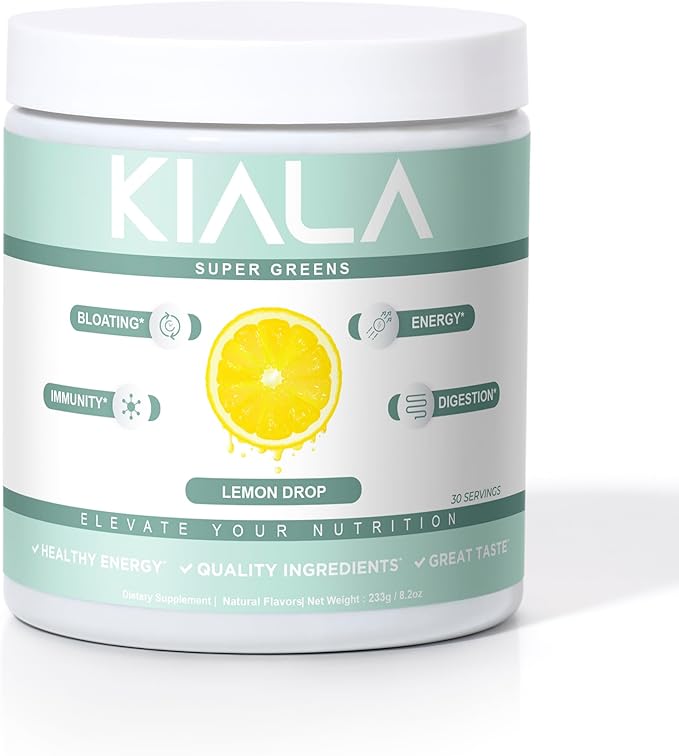 Kiala Nutrition Super Greens, Organic Greens Powder with Spirulina & Chlorella for Digestion, Gut Health, Immunity, Energy, Gluten Free, Vegan, Sugar Free, Spectra Blend, Lemon Drop, 30 Servings