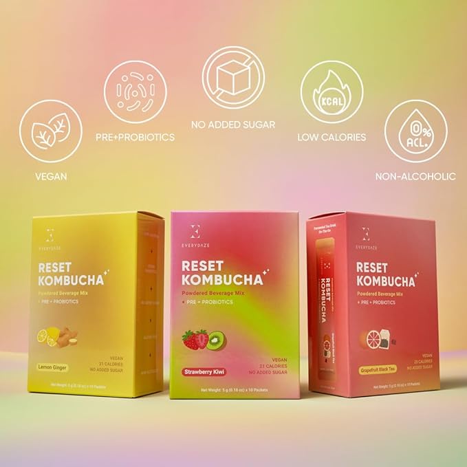 EVERYDAZE Reset Kombucha Tea Powdered Beverage Mix | 30 Pack (3 x 10ct) | Prebiotics + Probiotics | Vegan | No Added Sugar, Low Calorie, Gluten-Free, Sparkling Powder Drink (Strawberry Kiwi, Grapefruit Black Tea, Lemon Ginger)