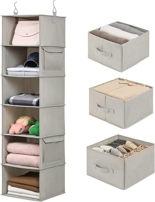 6-Shelf Hanging Closet Organizer with 3 Drawers, 6-Shelf Inseparable Closet Organizers and Storage for Wardrobe Organization, Hanging Dresser for Nursury & Dorm Clothes Organizer, Silver Gray