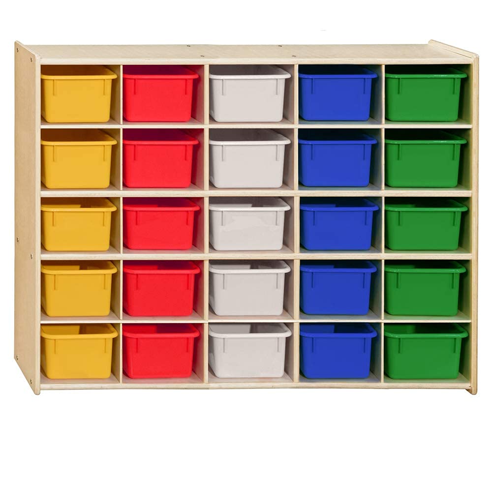 Contender 25 Cubbies Kids Storage Organizer with Assorted Bins, Toddler Friendly Natural Birch Wooden Cabinet for Books, Art, and Craft Supplies [Fully Assembled]