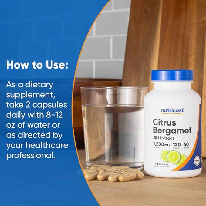 Nutricost Citrus Bergamot Capsules 1,200mg, 120 Capsules - 25:1 Bergamot Extract - 60 Servings, Gluten Free, Vegan & Non-GMO