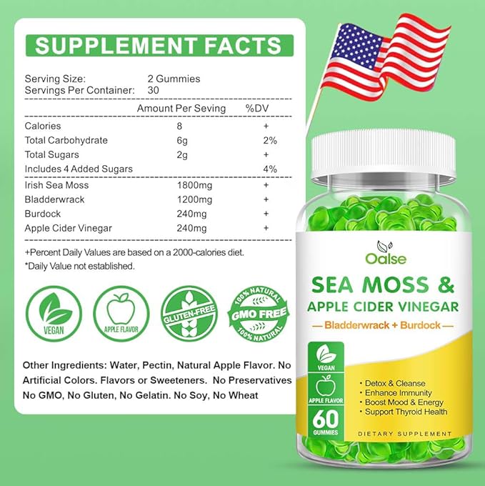 Sea Moss Gummies -Apple Cider Vinegar, Bladderwrack, Burdock Root - Supports Immune Health,60 Ct