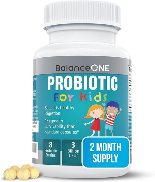 Balance ONE Time-Release Kids Probiotic – Up to 15x Better Survivability – 3 Billion CFU – Gut & Digestive Support for Children – Sugar Free, Easy to Swallow, 2 Month Supply