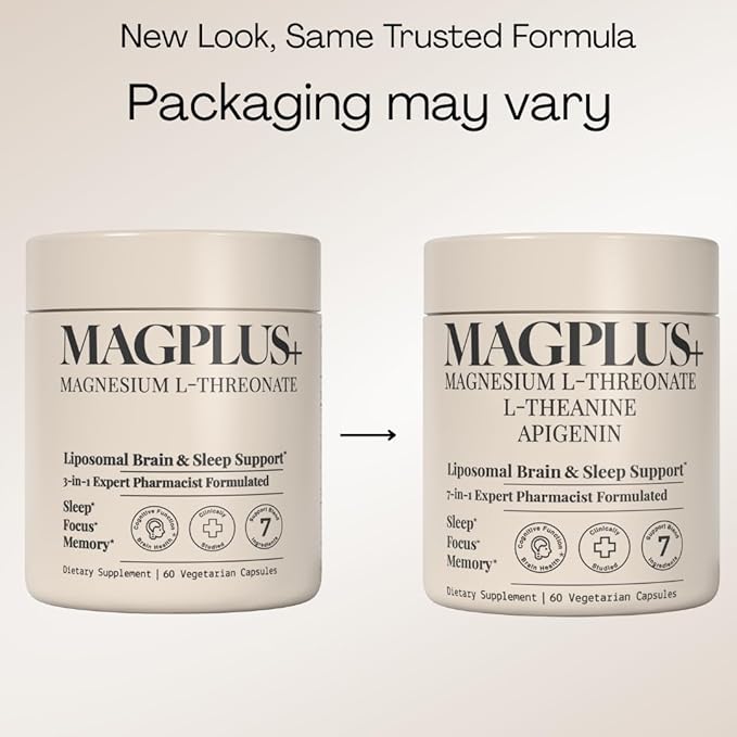 MAGPLUS+ Magnesium L-Threonate w. Apigenin & L Theanine, 1500mg 7-Ingredient Sleep Blend - Brain & Memory Support - Liposomal Magnesium Threonate Supplement - Capsules Supports Health, Rest & Mood