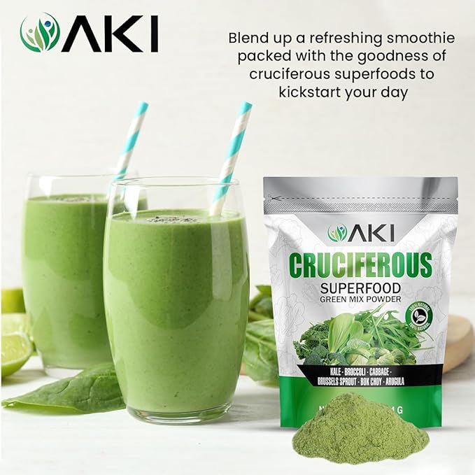 AKI Cruciferous Superfood Green Mix Powder - Made from Kale, Broccoli, Brussels Sprouts, Cabbage - Packed with Essential Phytonutrients & Vitamins ((16oz/454g))