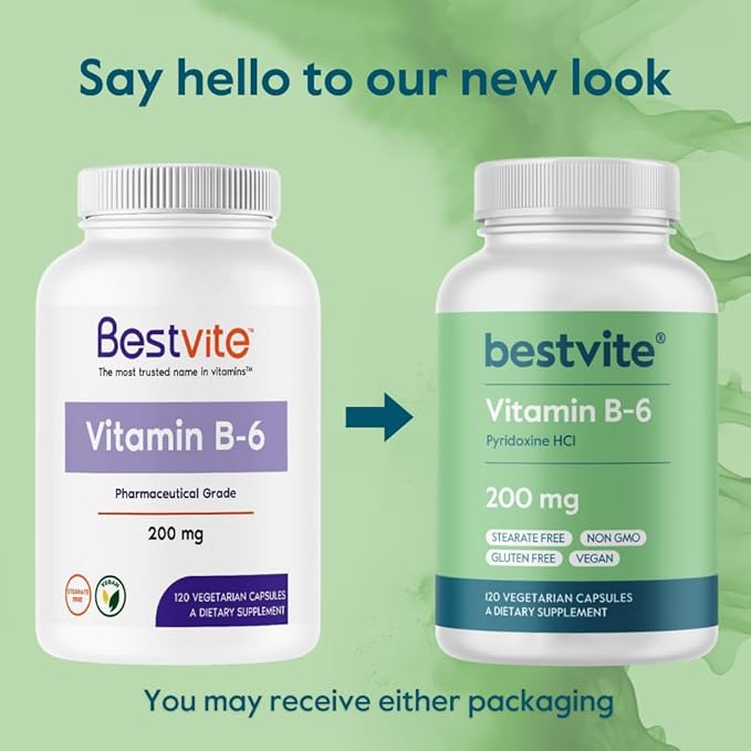 BESTVITE Vitamin B-6 200mg (120 Vegetarian Capsules) - No Stearates - No Flow Agents - Vegan - Non GMO - Gluten Free