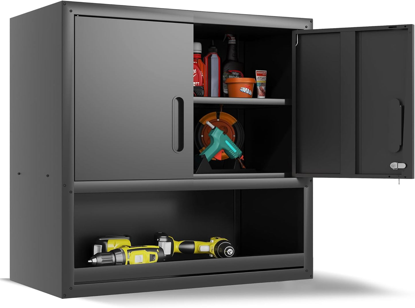 Metal Wall Cabinet, Garage Wall Cabinet with Adjustable Shelf for Garage, Tool Room, Kitchen, Assembly Required(Black)