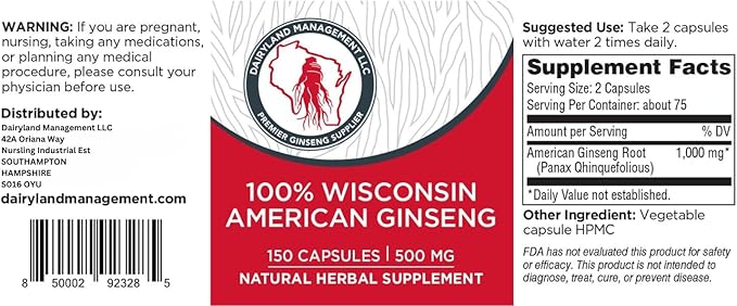 Dairyland American Ginseng Capsules - 150 ct, 500 mg - Wisconsin Ginseng Complex Capsules - Authentic American Ginseng Root Extract - Ginseng Capsules for Use as a Daily Immune Support Herb Supplement
