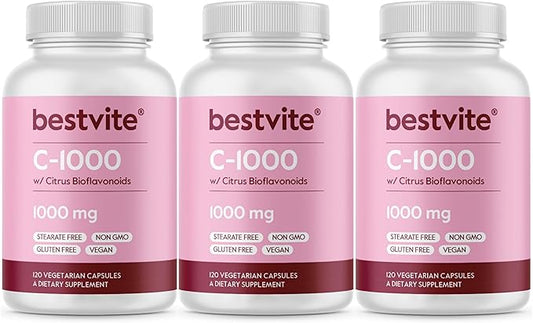 BESTVITE Vitamin C 1000mg (360 Vegetarian Capsules) (120 x 3) with Citrus Bioflavinoids - No Stearates - Vegan - Non GMO - Gluten Free