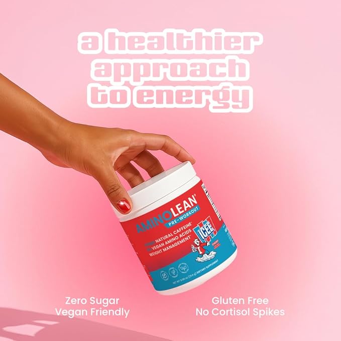 AminoLean x ICEE Pre Workout Powder, Amino Energy with Natural Caffeine from Green Tea, Vegan BCAA Amino Acids, Cherry, 30 Servings