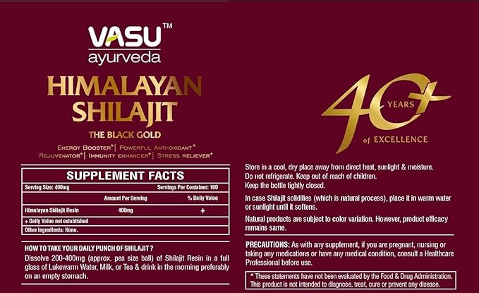 VASU Ayurveda Himalayan Shilajit Resin 400mg – Lab Tested Natural Energy Booster with Fulvic Acid & 85+ Trace Minerals – Pure Shilajit for Men & Women – 50 Days Supply for Strength & Stamina (1-Pack)